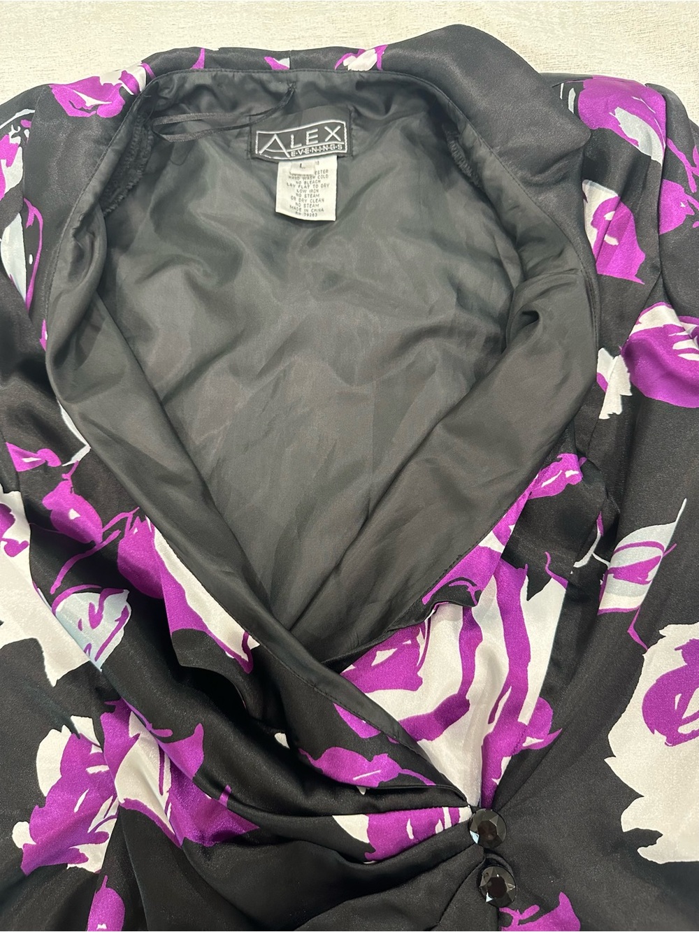Alex Evenings Floral Satin Faux-Wrap Blouse Jacket Portrait Collar Purple Black - Picture 12 of 15